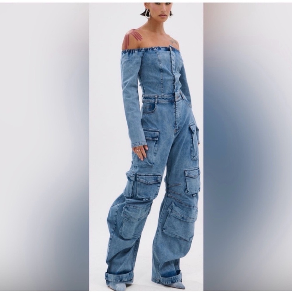 AKIRA Blue Denim Off-Shoulder Utility Style Jumpsuit - Picture 3 of 8